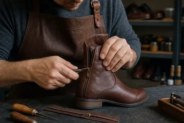 Sapateiro consertando o zíper de uma bota em Santo André.